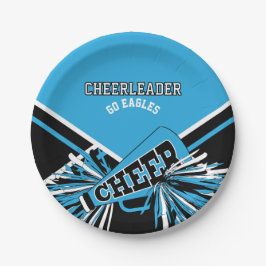 Prato De Papel Cheerleader em azul-bebê, branco e preto
