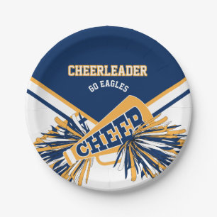 Prato De Papel Cheerleader em Dourado, branco e azul
