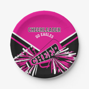 Prato De Papel Cheerleader em rosa-quente, branco e preto