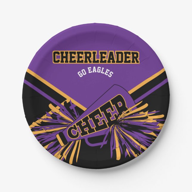 Prato De Papel Cheerleader em roxo, Dourado e preto (Frente)