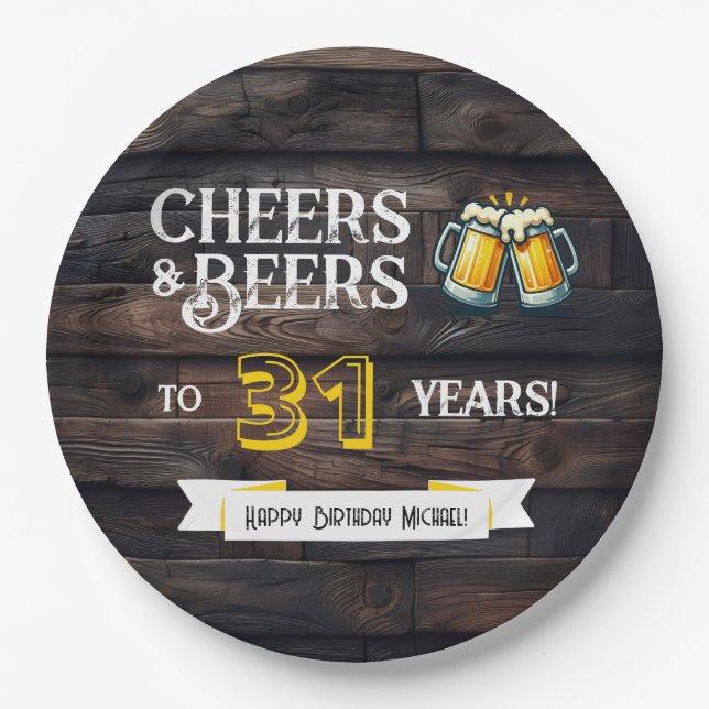 Prato De Papel Cheers and Beers to 31 Years Rustic Birthday (Frente)