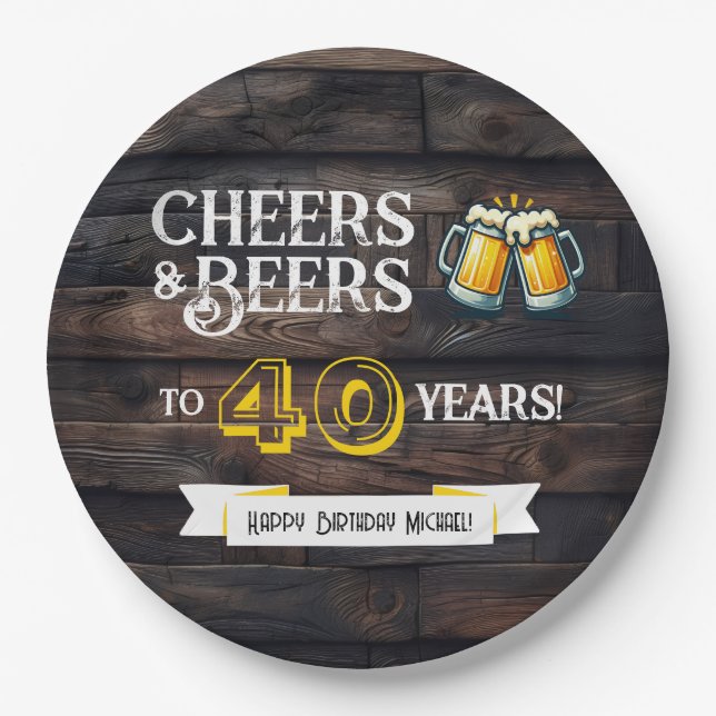 Prato De Papel Cheers and Beers to 40 Years Rustic Birthday (Frente)