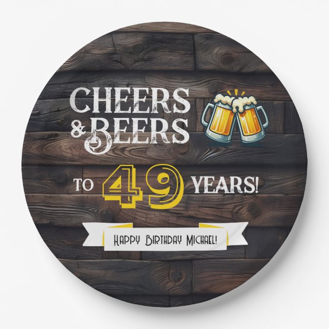 Prato De Papel Cheers and Beers to 49 Years Rustic Birthday (Frente)