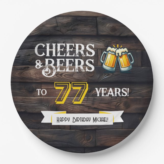 Prato De Papel Cheers and Beers to 77 Years Rustic Birthday (Frente)