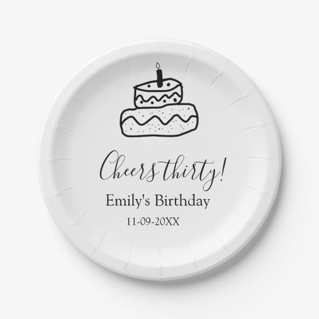 Prato De Papel Cheers thirty birthday cake black scribble hand (Frente)