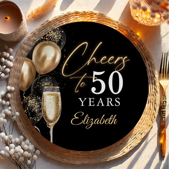 Prato De Papel Cheers To 50 Years Black and Gold Balloons (Criador carregado)