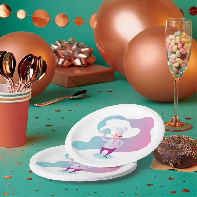 Prato De Papel Chef sorridente com bigode e bandeja de serviço (Criador carregado)