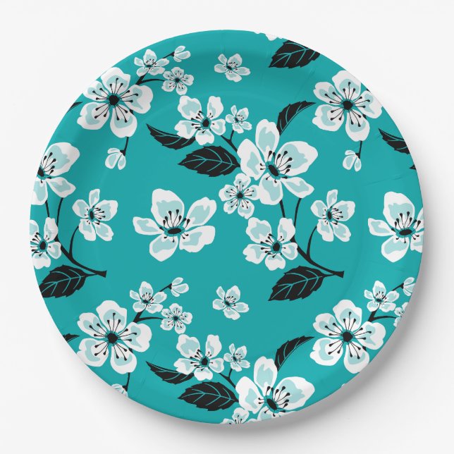 PRATO DE PAPEL CHERRY BLOSSOM - SAKURA (TEAL) (Frente)