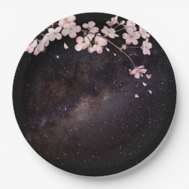Prato De Papel Cherry Blossom sob o Noivado Starry Nightsky