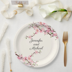 Prato De Papel Cherry Blossoms Recepção de casamento Personaliz