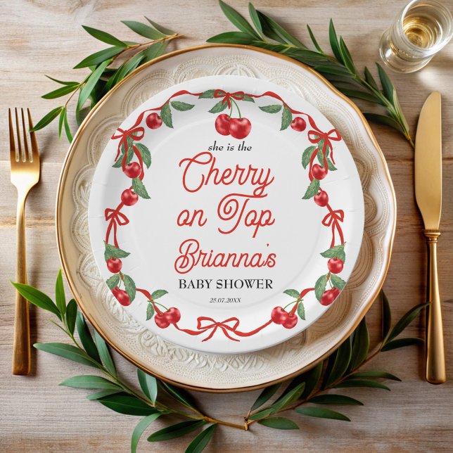 Prato De Papel Cherry no chá de fraldas de fita superior (Cherry on top ribbon coquette cherry baby shower personalized paper plates cherry party supplies)