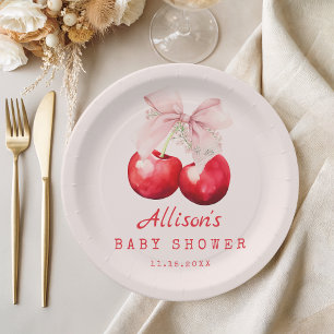 Prato De Papel Cherry no topo Chá de fraldas Girl Red and Pink