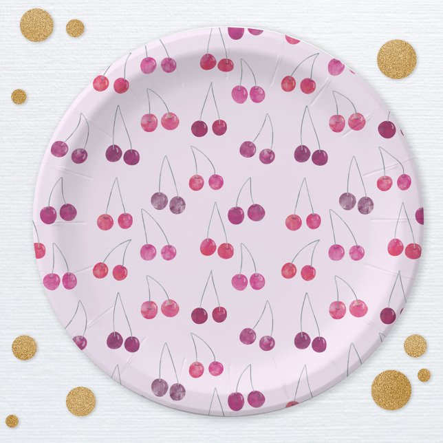 Prato De Papel Cherry Pink Watercolor (Cherry pink watercolor pattern party paper plates)