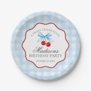 Prato De Papel Cherry Sweet Blue Coquette Arco Gingham Birthday