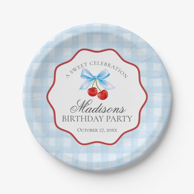 Prato De Papel Cherry Sweet Blue Coquette Arco Gingham Birthday (Frente)