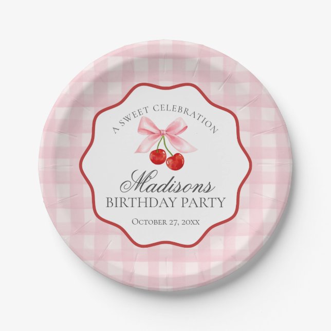 Prato De Papel Cherry Sweet Pink Coquette Arco Gingham Birthday (Frente)