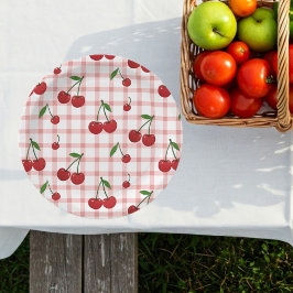 Prato De Papel Cherry Themed Paper Plate Set with Pink Checkered 