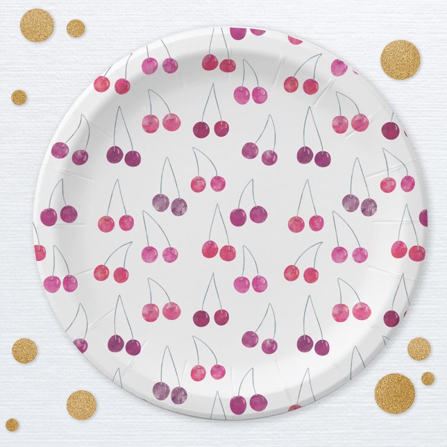 Prato De Papel Cherry Watercolor (Pretty watercolor cherry pattern   party paper plates)