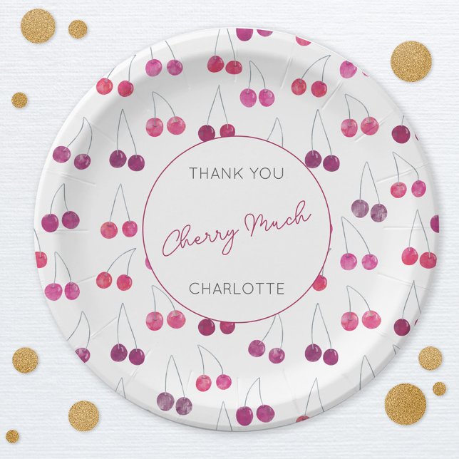 Prato De Papel Cherry Watercolor Personalizado (Thank You Cherry Much personalized cherries design party paper plates)