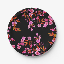 Prato De Papel Chersom Sakura Floral Rosa Preto