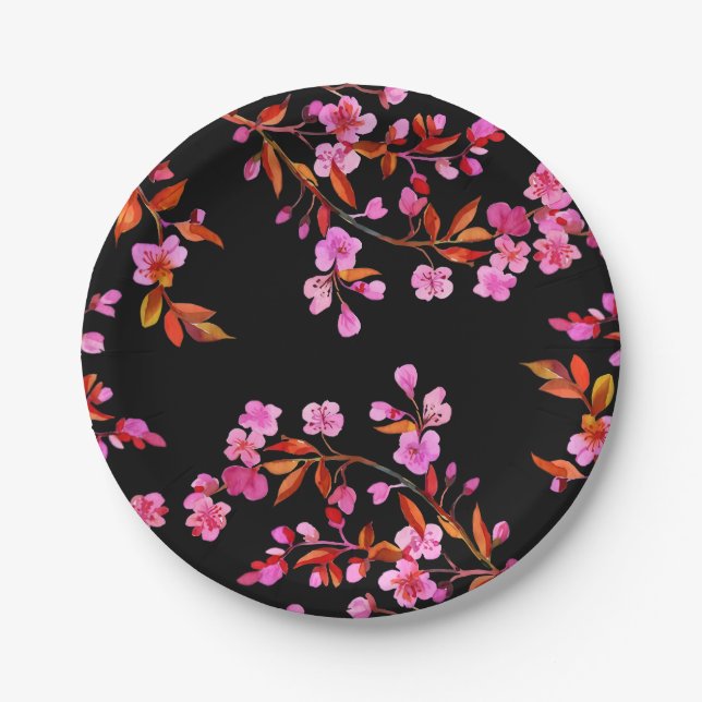 Prato De Papel Chersom Sakura Floral Rosa Preto (Frente)