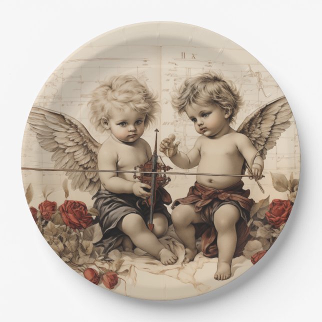 Prato De Papel Cherubs vitorianos com Rosas (Frente)