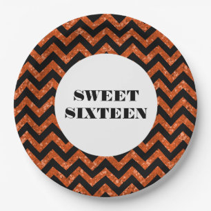 Prato De Papel Chevron Laranja Glitter Doces 16 Chapas De Papel