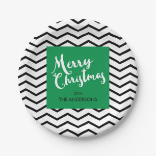 Prato De Papel Chevron verde, preto, Feliz Natal personalizado