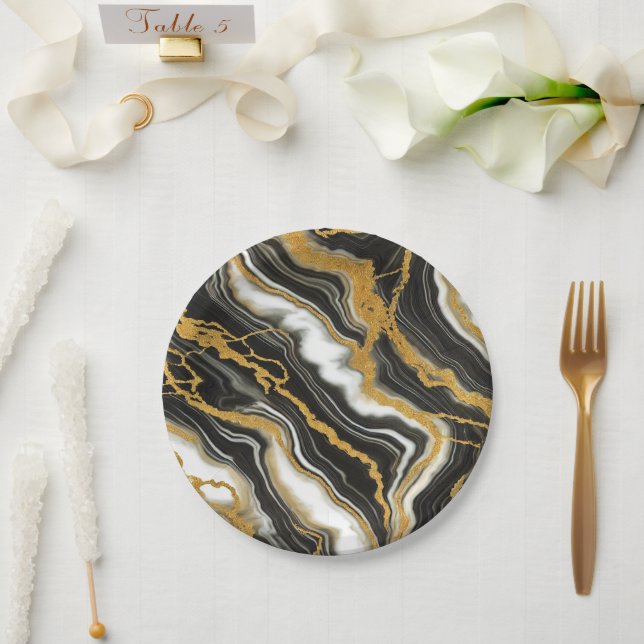Prato De Papel Chic Black White Marble Dourado Casamento Glam (Casamento)