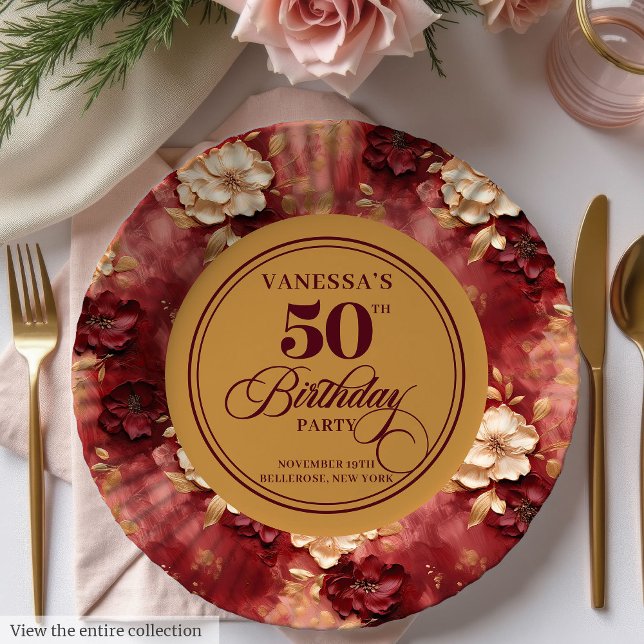 Prato De Papel Chic Boho Marsala Rosa Dourado 50º Aniversário (Chic Boho Marsala Blush Gold 50th Birthday Paper Plates)