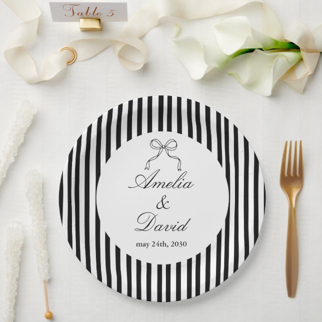 Prato De Papel Chic Bow Minimalist Stripe Black White (Casamento)
