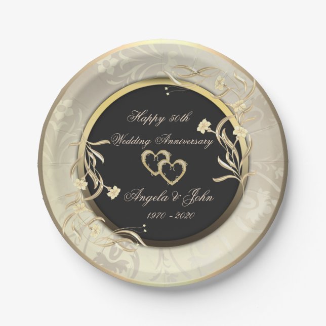 Prato De Papel Chic Dourado Flowers Hearts 50th Wedding Anniversa (Frente)