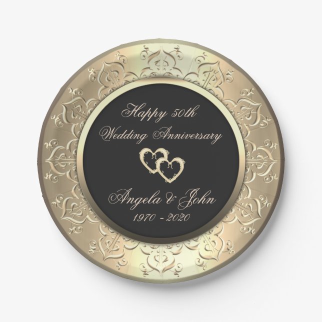 Prato De Papel Chic Dourado Swirls Hearts 50th Wedding Anniversar (Frente)