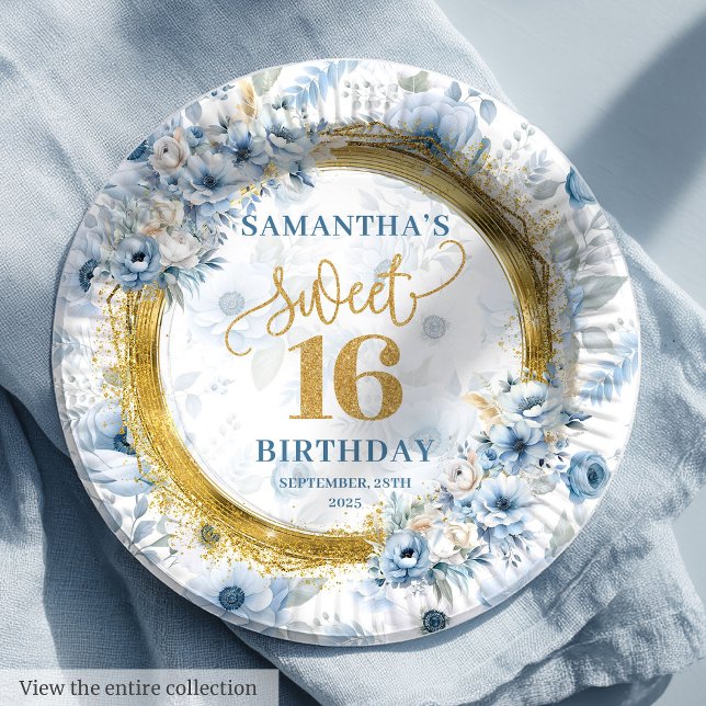 Prato De Papel Chic Dusty Blue Sweet Dezesseis Placas Luminosas D (Chic Dusty Blue Sweet Sixteen Gold Glitter Plate Set)