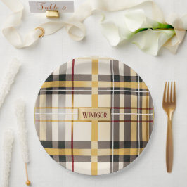 Prato De Papel Chic e Trendy Taupe e Xadrez Dourada