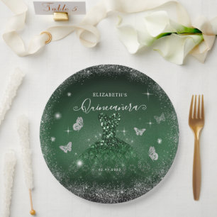 Prato De Papel Chic Emerald Green Silver Glitter Glitter Quinceañ
