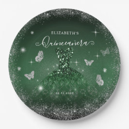 Prato De Papel Chic Emerald Green Silver Glitter Glitter Quinceañ