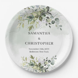 Prato De Papel Chic foliar de eucalipto verde-boho e dourado