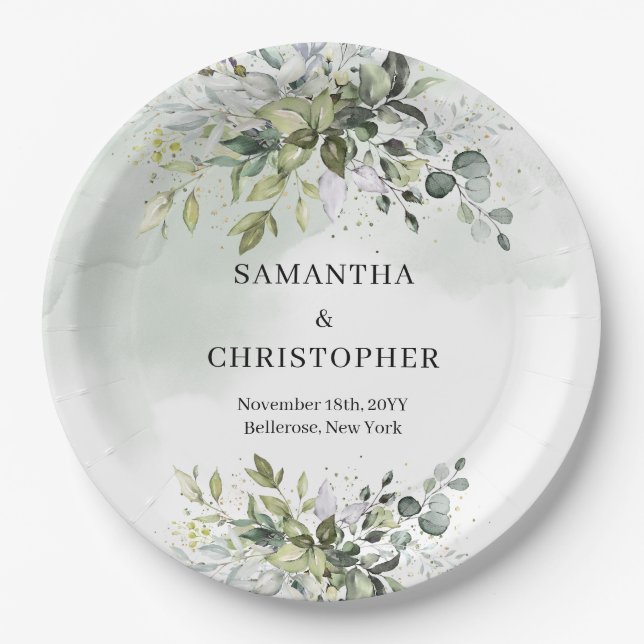 Prato De Papel Chic foliar de eucalipto verde-boho e dourado (Frente)