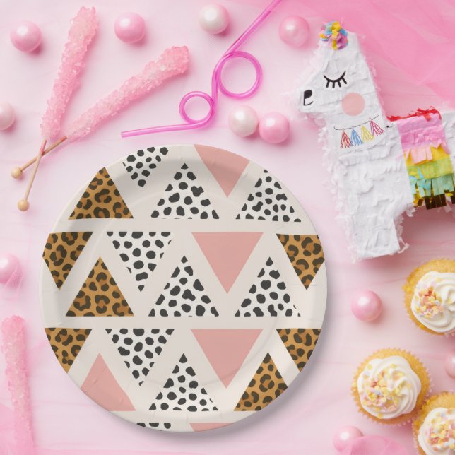 Prato De Papel Chic Leopard & Pink Triangle Pattern (Festa)