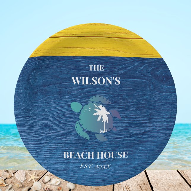 Prato De Papel Chic Marinho Blue Wood Sea Turtle Family Beach Hou (Criador carregado)