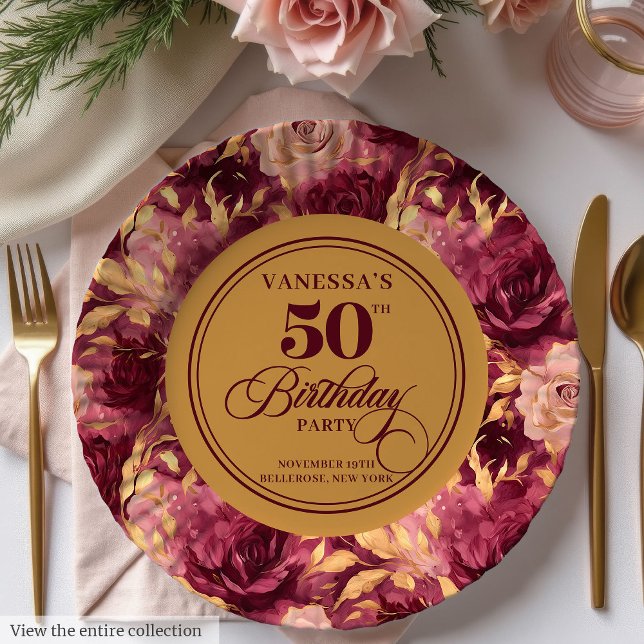 Prato De Papel Chic Marsala Blush Douradas Flores 50º Aniversário (Chic Marsala Blush Gold Flowers 50th Birthday Paper Plates)