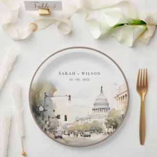 Prato De Papel Chic Minimal Washington DC, EUA Aquarela Casamento