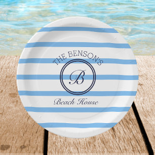 Prato De Papel Chic Monograma Blue Stripes Family Beach House