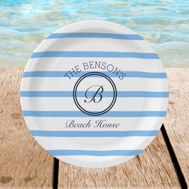 Prato De Papel Chic Monograma Blue Stripes Family Beach House (Criador carregado)