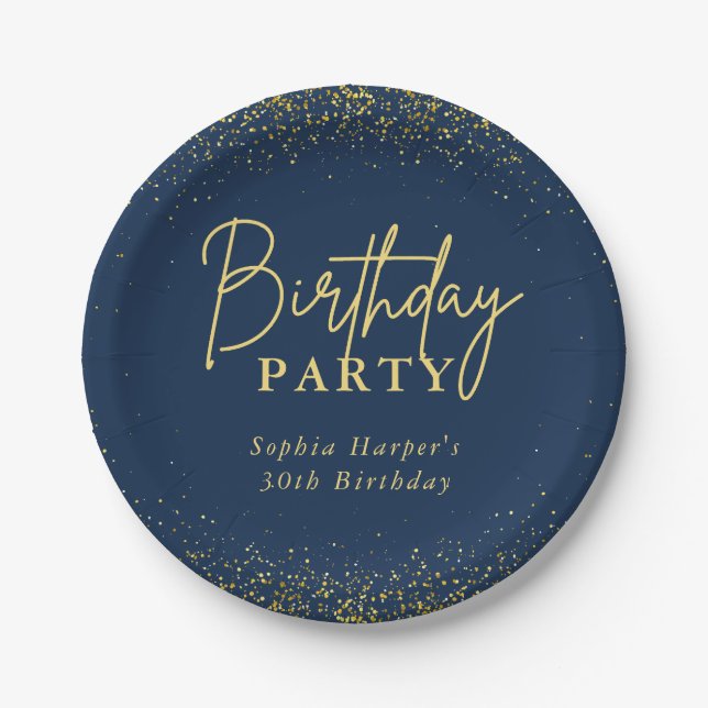 Prato De Papel Chic Navy Gold Glitter Confetti Birthday Party (Frente)