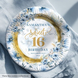 Prato De Papel Chic Pastel Blue Sweet 16 Placa do Partido Sparkle
