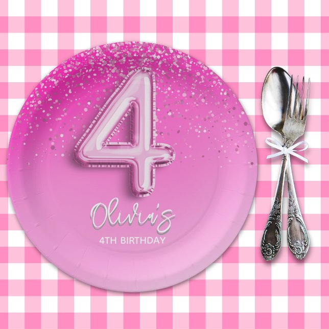 Prato De Papel Chic Pink Glitter Balloon 4th Birthday Party  (Criador carregado)