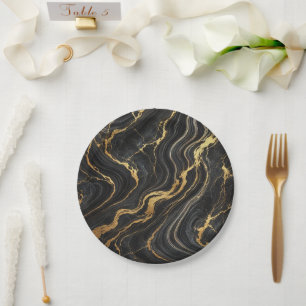 Prato De Papel Chic Preto e Dourado com Aparência de Mármore Glam