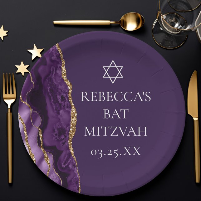 Prato De Papel Chic Purple Dourado Agate Bat Mitzvah (Criador carregado)